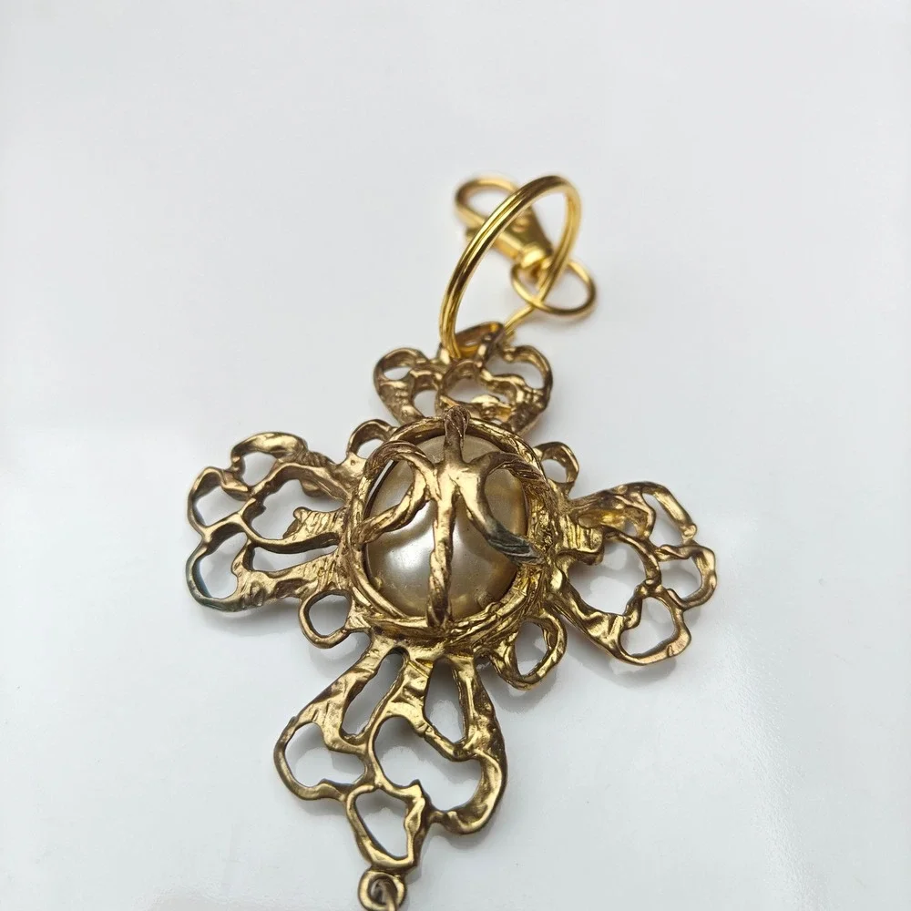 Gold Tone Ornate Filigree Cross Tassel Keychain Faux Pearl Bag Charm Gothic